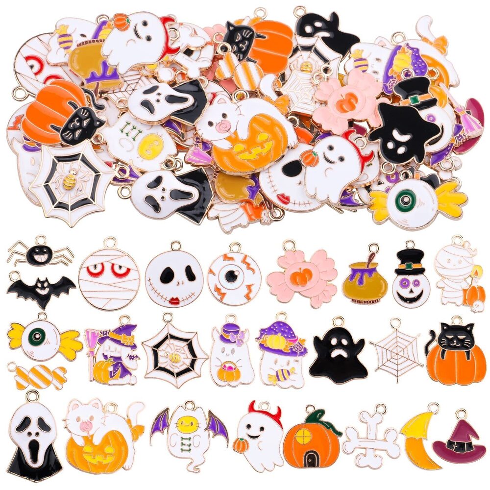 3816 52PCs Halloween Charms Pendants Assorted Enamel Pumpkin Ghost Eyeball
